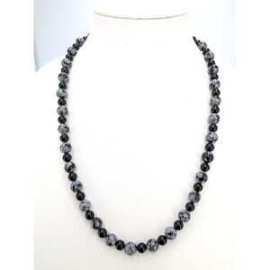 Vintage Snowflake Obsidian Bead Necklace Black Gray Graduated Stone Beads 24in